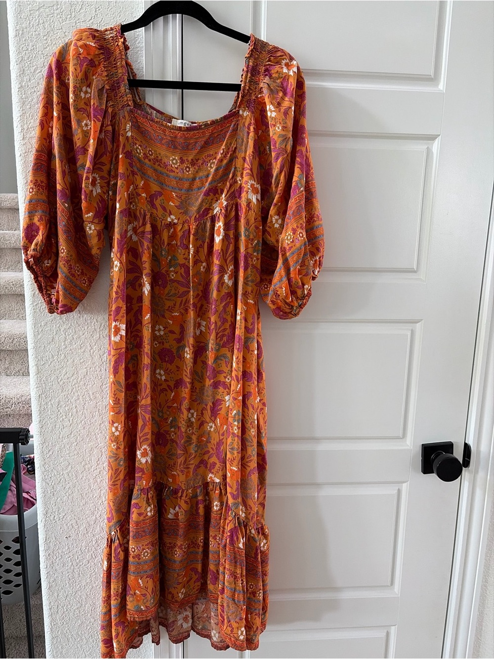 Umgee Large Rust Floral Border Print Balloon Sleeve Tiered Boho Maxi Dress